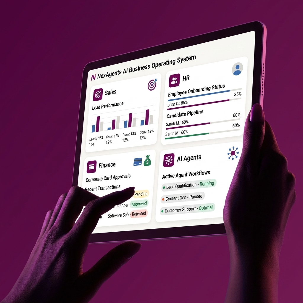 NexAgents AI Business Operating System on Tablet
